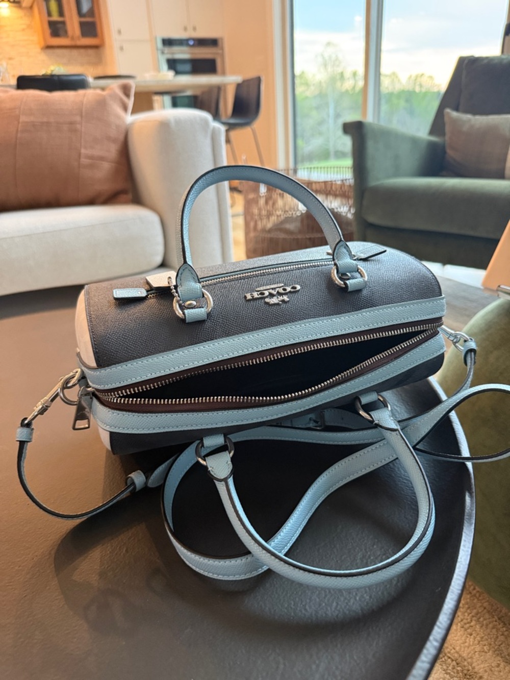 COACH Black Duffel Bag with Light Blue Trim and Cream Tag - Picture 3 of 3